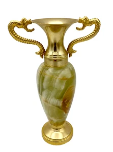 Base de pedestal de metal de piedra de ónix de colección jarrón pequeño dorado dragón/serpiente manijas - Imagen 1 de 4