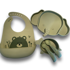 Silicone Baby Toddler Cute Feeding Set Suction BPA FREE Plate Bowl Bib Spoons