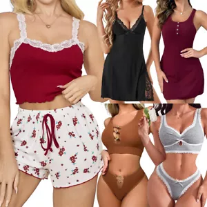 Sexy Women Lace Ruffles V Neck Pajamas Set Sleepwear Lingerie Nightwear Flower - Picture 1 of 103
