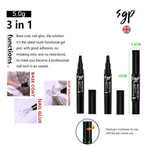 SGP 3 in 1 Base Coat Gel Nail Polish Slip Solution Nail Glue Multi Function Pen - Picture 1 of 12