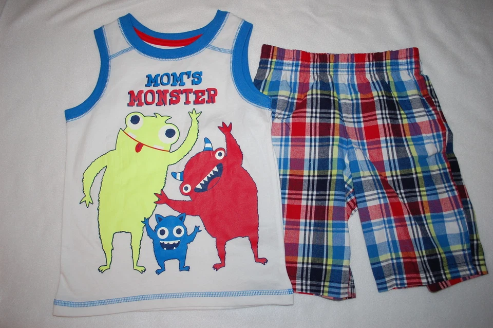 Toddler Boys MOM'S MONSTER TANK TOP Glow In Dark PLAID SHORTS Red Blue White 3T - Image 1 of 1
