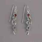 Leaf Drop silver-plated earrings with red crystal accents - approx. 1.75" long