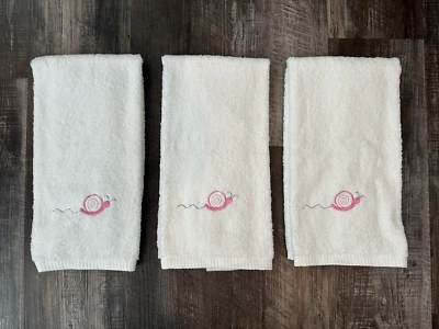 (3) Pottery Barn Kids ~ MAGGIE'S GARDEN White Hand Towels PINK SNAIL 30x19 NWT - Image 1 of 4
