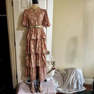 Womens Prairie Tiered Cottagecore Country Boho Paisley Floral Festival Dress S - Image 1 of 4