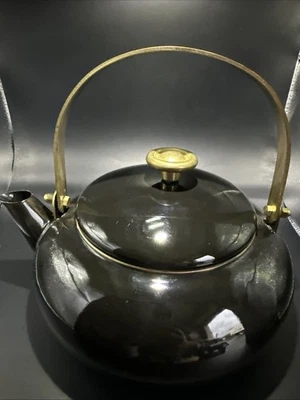 Vintage Eppicure Essentials Black Enamel Tea Kettle Brass Handle  Modern MCM New - Image 1 of 4