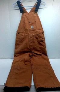 Carhartt Youth Bib Overalls Double Knee RN 13706 Brown Tan Adjustable SZ 14 VGC - Picture 1 of 7