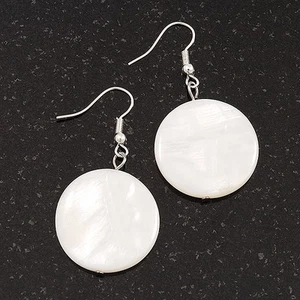 White Shell 'Coin' Drop Earrings In Silver Finish - 45mm Length - Picture 1 of 6