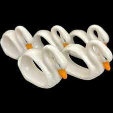 5 White Porcelain Ceramic Swan Napkin Ring Holders Orange Beak Curved Neck