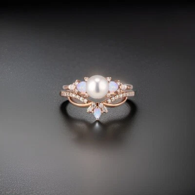 14K Gold Plated 925 Silver Natural Opals & Pearls Engagement Ring Set For Women - Image 1 of 4