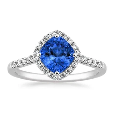 Anillo de compromiso de diamantes y zafiros talla cojín real de plata de ley 925 de 1,40 quilates Foto 1 de 4