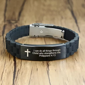 Religious Cross Scripture Christian Men Bracelet Silicone Wristband Bible Prayer - Picture 1 of 16