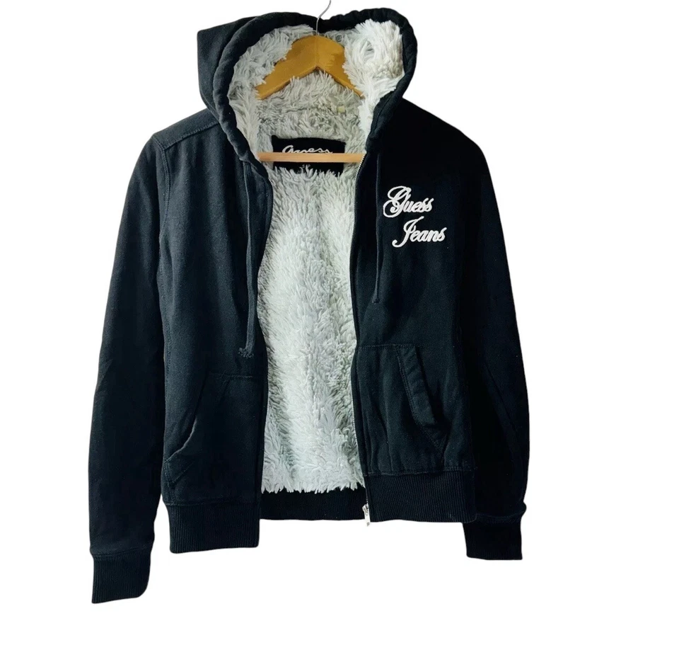 Guess джинсы молнии толстовка с капюшоном черный искусственного меха с подкладкой Y2K хип-хоп 90-х хипстер гранж - Изображение 1 из 4