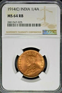 India British 1914(C) 1/4 Anna NGC MS64 RB Certified  - Picture 1 of 4