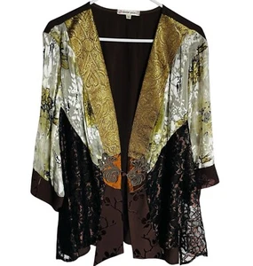 Vtg Spencer Alexis Kimono Jacket Womens 2X Brown Gold Silk Blend Velvet Burnout - Picture 1 of 10