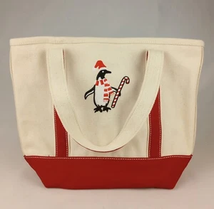 Lands' End Tote Bag Sturdy Canvas Embroidered Christmas Penguin Travel Grocery - Picture 1 of 14