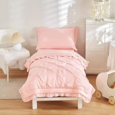 NUEVO - 4 piezas juego de cama plisado para niños pequeños con flecos con volantes rosa Foto 1 de 4