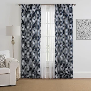 4 piece curtains & sheers voile set diamond navy blue white 63" window treatment - Picture 1 of 5
