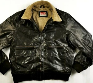 HOT Men LEVI'S BOMBER UTILITY 6 Pck Polyvinyl LEATHER SHERPA BROWN COAT Jacket L - Picture 1 of 12