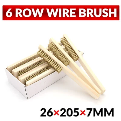 6 filas de cepillo de alambre fila limpieza de óxido mango de madera cepillo de acero eliminación de óxido de metal Foto 1 de 4