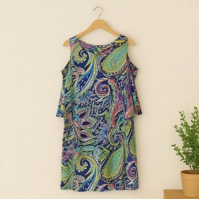 Nicole Miller Paisley Dress Cold Shoulder Flared Sleeve Colorful Size 8 - Image 1 of 4