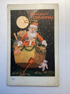 Antiguo oso de peluche blanco globo aerostático Papá Noel postal vintage de Navidad - Imagen 1 de 2