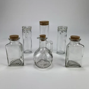 Set of 6 Small Glass Bottles (4 with Wooden Cork) range 4in to 6in tall - USED - Picture 1 of 7