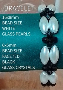 GLASS PEARL 16x8mm WHITE 01 6x5mm BLACK GLASS CRYSTALS BRACELET - Picture 1 of 8