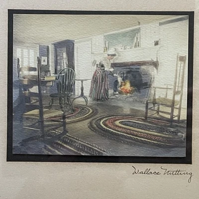 Antique Wallace Nutting Colonial Interior signed print Lady Fireplace - Image 1 of 4