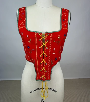 Corsé Chaleco Disfraz Vintage Portugués Hecho a Mano Rojo Lana Floral Bordado Foto 1 de 4