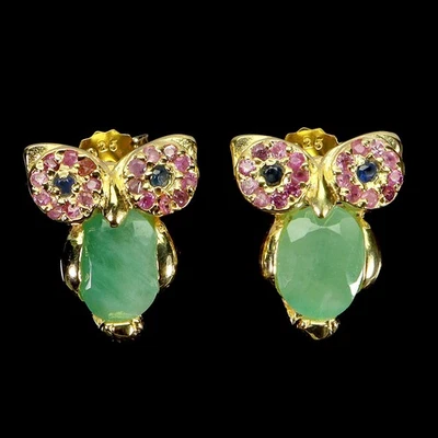 925 Sterling Silver Earrings Oval Emerald 8x6mm Ruby Gemstone Owl Jewelry - Image 1 of 4