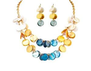 Multi color shell bead necklace earring set in blue, beige, and white colors New - Picture 1 of 11