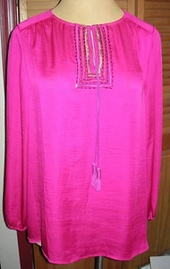 Lane Bryant Pink 14/16 Embellished Shiny Lurex Peasant Blouse w/Tassels 0X 1X - Picture 1 of 3