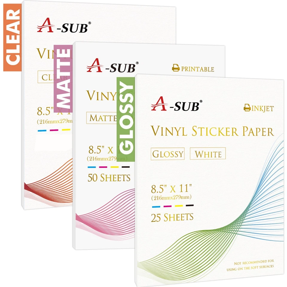 Lot A-SUB Printable Vinyl Sticker Paper Glossy or Matte White / Clear Waterproof - Image 1 of 1