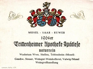 German Wine Label 1960s 1964er Mosel Saar Ruwer Trittenheimer Apotheke Vintage - Picture 1 of 2