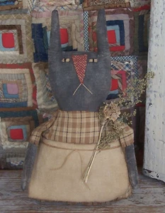 Primitive Black Rabbit Doll Grungy Rustic Bunny Decor - ARTISAN MADE - Picture 1 of 7