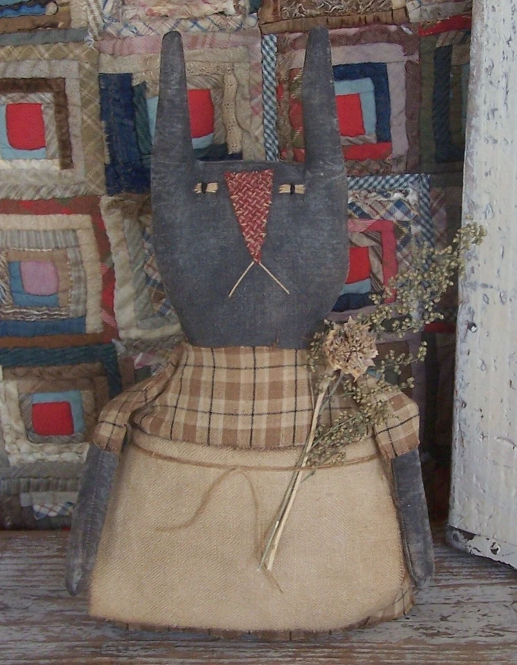 Primitive Black Rabbit Doll Grungy Rustic Bunny Decor - ARTISAN MADE - Image 1 of 4