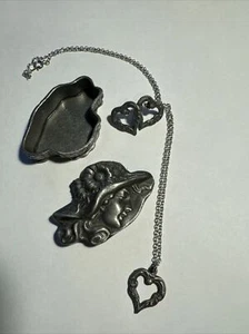 Vintage Torino Italy Pewter Necklace Brooch Earrings Trinket Box Set - Picture 1 of 12