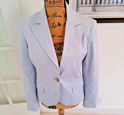 Casual Corner Stretch One Button Short lt Blue Cotton Lined Fitted Blazer Size 6 - Image 1 of 4