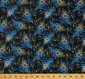 Cotton Peacock Feathers Plumes Blue Green on Black Fabric Print by Yard D465.43 - Picture 1 of 1