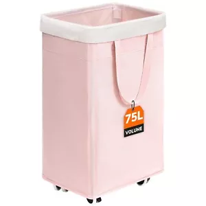 75L Pink Rolling Laundry Hamper Slim Collapsible Basket for Dorm & Bedroom - Picture 1 of 7
