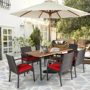 Patiojoy 7PCS Patio Rattan Dining Set Cushioned Chair Table W/Umbrella Hole Red - Picture 1 of 8