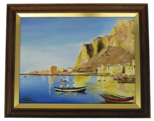 1960s Oil Painting Ships Coastal Town Row Boats Blue Gold 15x19 Vintage - Picture 1 of 8