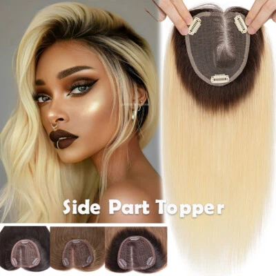 Women Topper Remy Human Hair Clip In Silk Base Top Haipiece Side Part Toupee Wig - Image 1 of 4