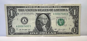 1 Dollar Schein niedrige Seriennummer Note One Dollar A 00067482 D - Bild 1 von 4