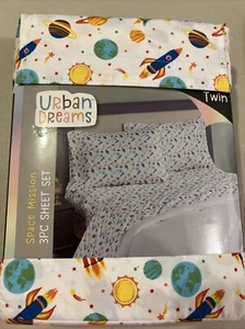 Urban Dreams Space Mission Twin 3Pc Sheet  Set 66”X96” White Multicolor NEW - Picture 1 of 8