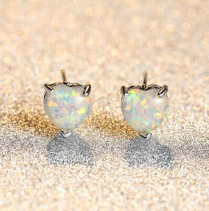Classic Heart Cut White Fire Opal Gemstone 925 Sterling Silver Stud Earrings - Picture 1 of 6