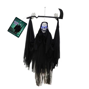 Animated REAPER Skeleton w Sickle LED Eyes Moving Evil Laughing Halloween Prop - Picture 1 of 2