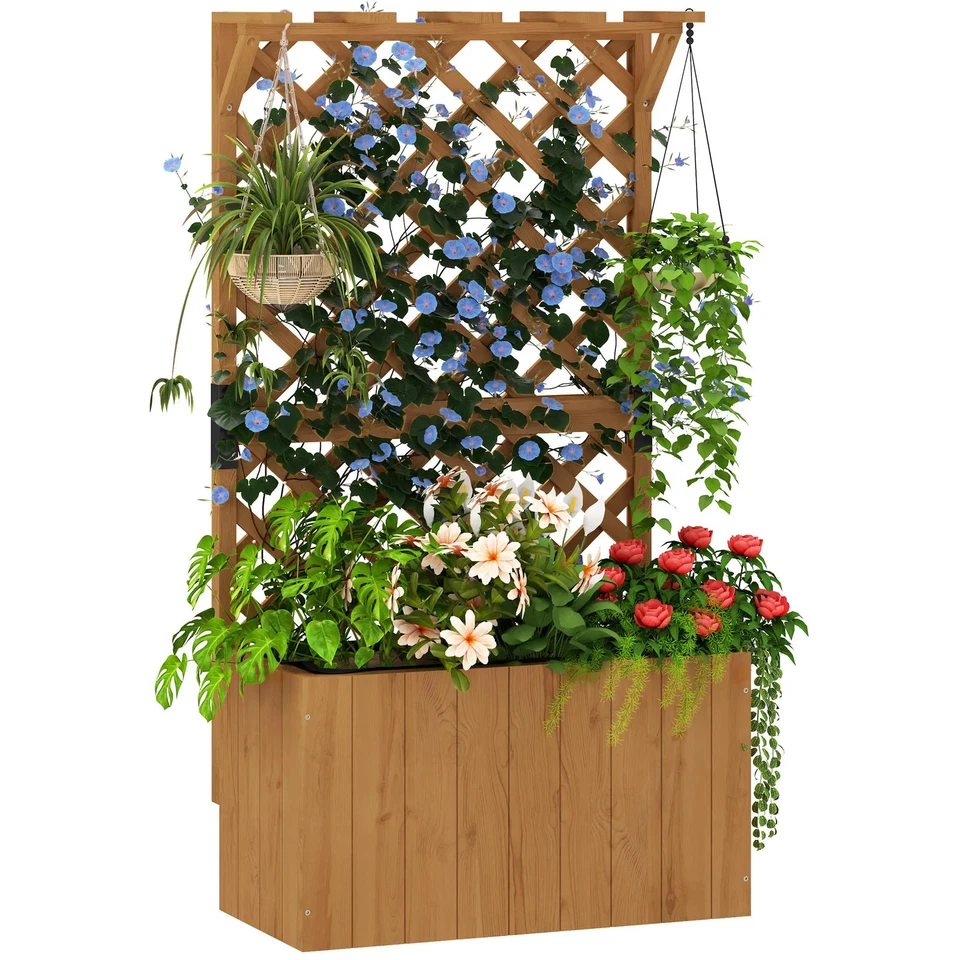 Wooden Planter Trellis Freestanding Raised Garden Bed Box Liner with Drainage - Image 1 of 1