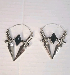 Double Dagger Black CZ Gem Stainless Steel Plug Hoops Earrings Pair (2 Pieces)  - Picture 1 of 5