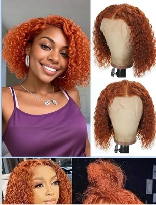 Ginger Bob Wig Human Hair 13x6 DeepWave LaceFront Wigs Curly Wigs HD Transparent - Image 1 of 4